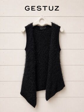 GESTUZ – Black Fuzzy Knit Asymmetrical Sleeveless Top – Size S